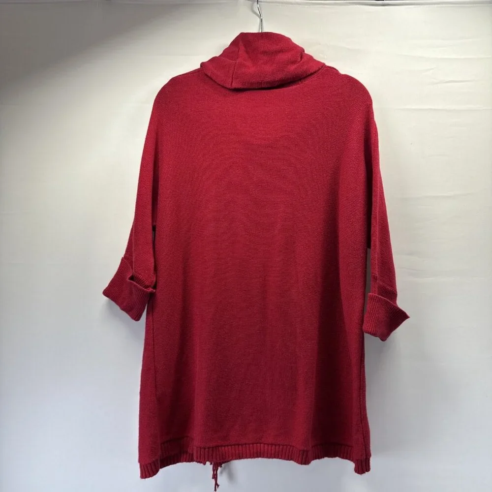 Chicos Women's Sweater M Silk Blend Solid Red‎ Cowlneck Knit Fringe 3/4 Sleeves